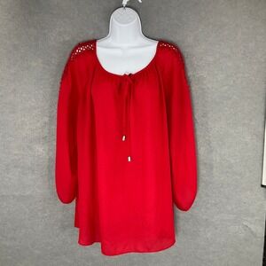 Zac & Rachel Red Crochet Trim Blouse Long Sleeve Tunic‎ Top Woman 1X Peasant
